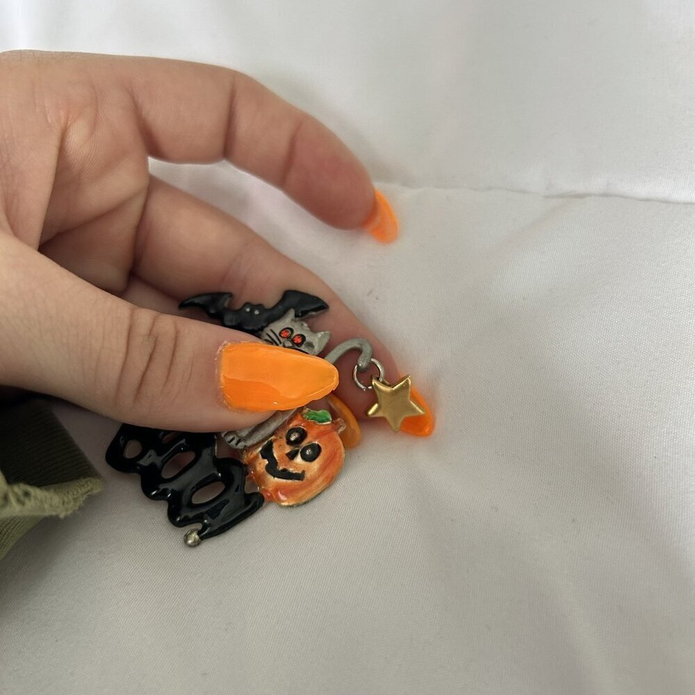 Vintage AJMC Large Halloween Cat Jack O Lantern Bat Boo Enamel Pewter Brooch Pin - Picture 2 of 6